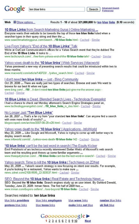 10 blue links in Google SERPs