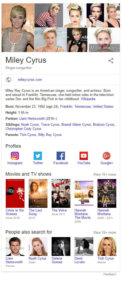 Knowledge Panel for Miley Cyrus