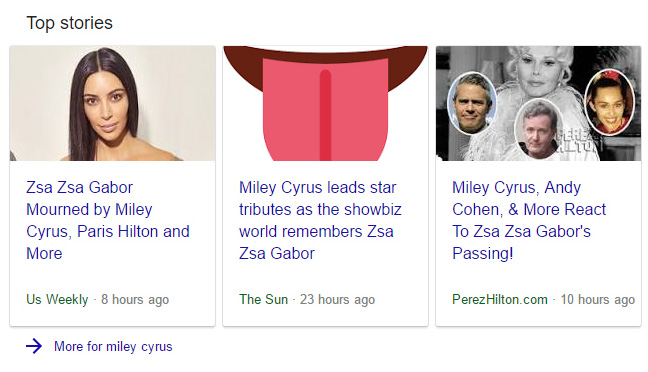 Top Stories SERP Feature for Miley Cyrus