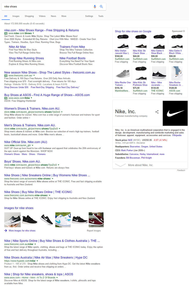 SERP Formation for Nike shoes
