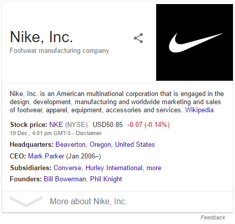 Knowledge Panel for Nike shoes
