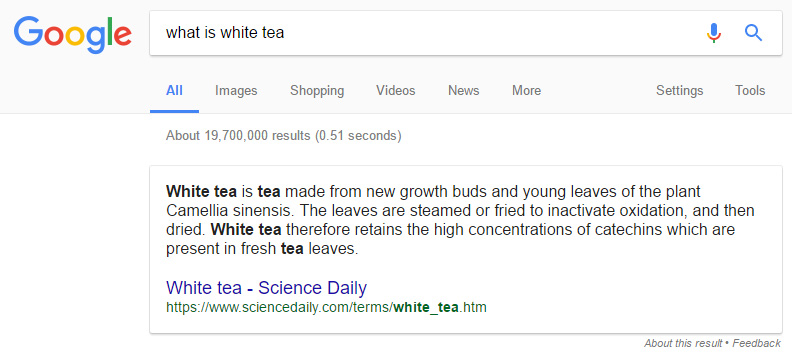 Featured Snippet for what is white tea