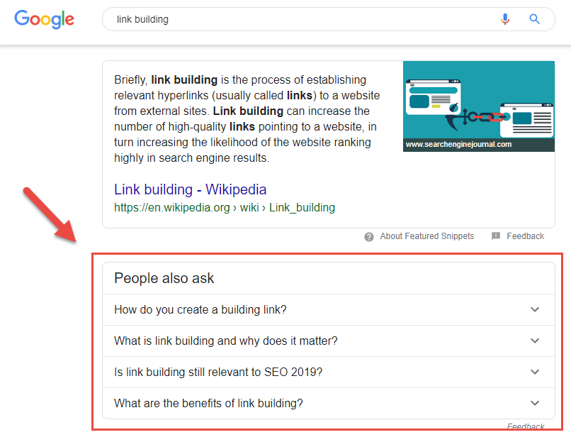 Google's people also ask box for the search term "link building"